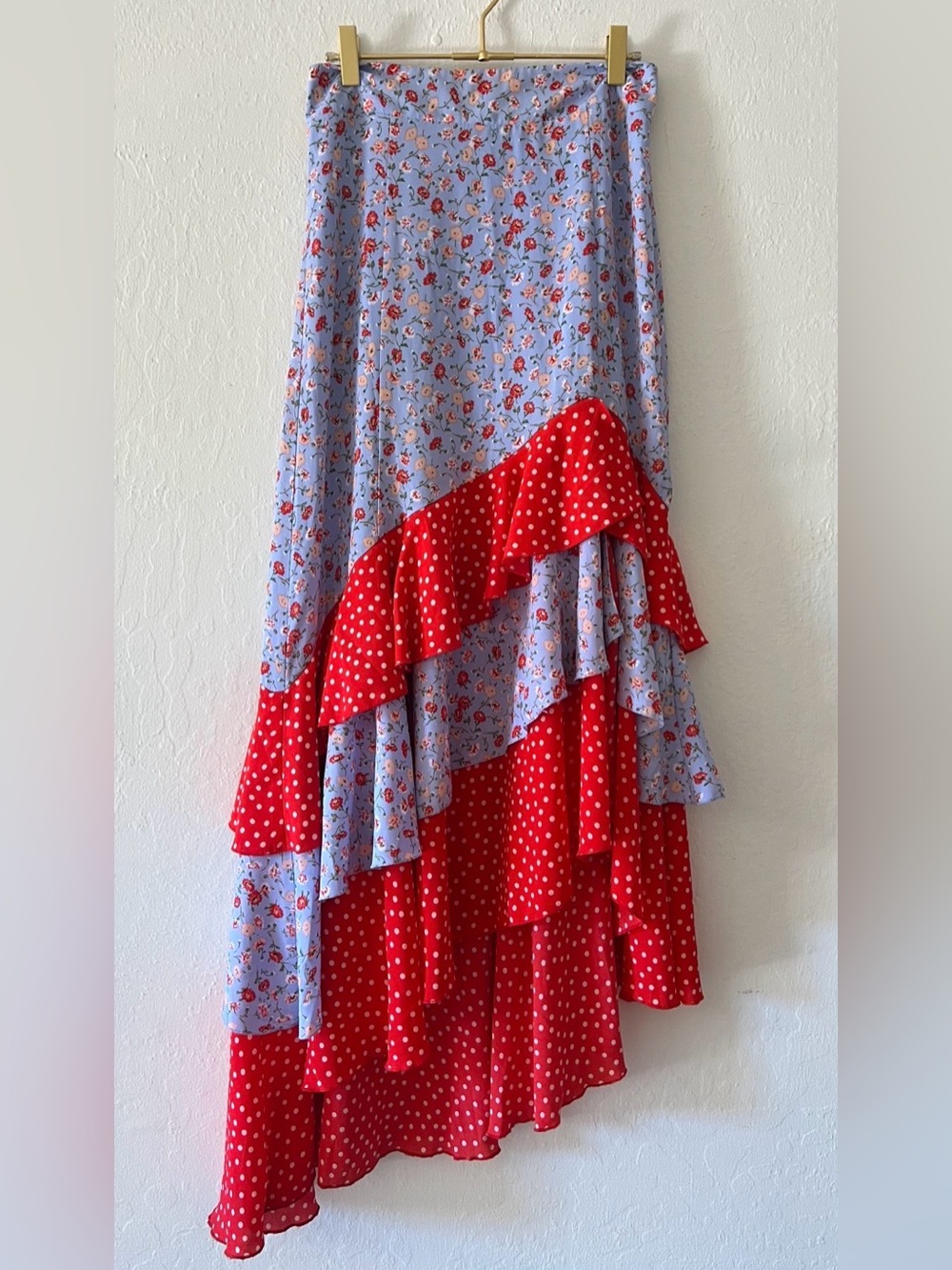 New York & Company Red and Light Blue Asymmetrical Ruffle Midi Skirt